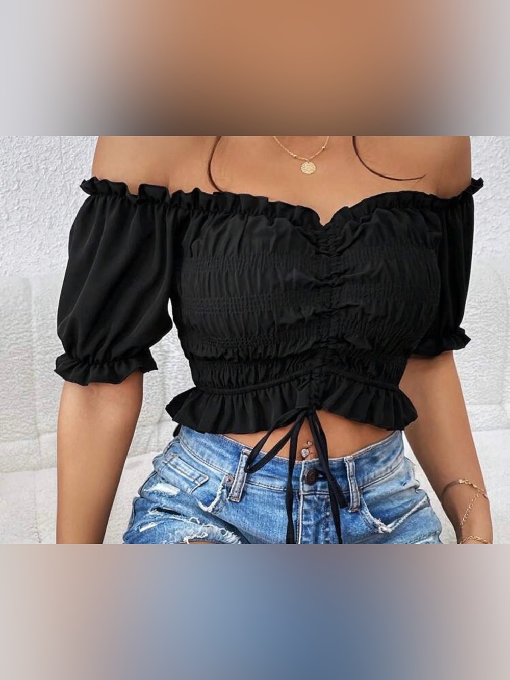 Black Off-Shoulder Crop Top with Ruffle Hem